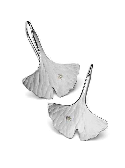 Ginkgo Leaf Earrings with Diamonds - EcoSilver